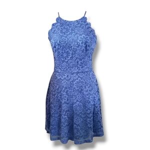 BCX Juniors Blue Scallop Halter A-Line Lace Dress Size 11 Party Cocktail Formal
